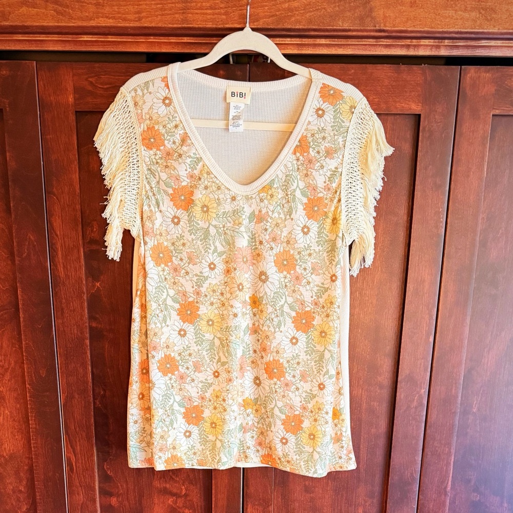 BiBi Floral Fringe Sleeve Top - Orange, Cream, and Green
